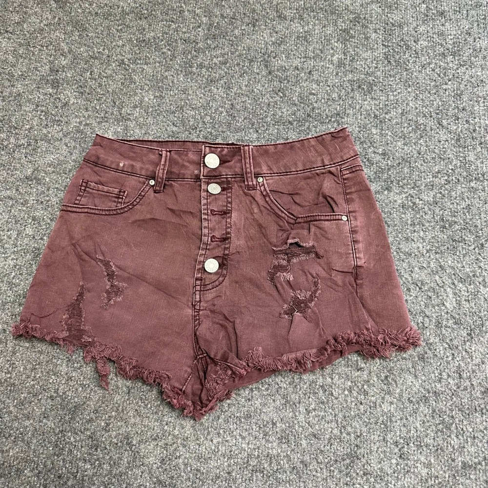 Refuge Denim Shorts Womens Size 2 Maroon Distressed Raw Hem Button Fly Stretch